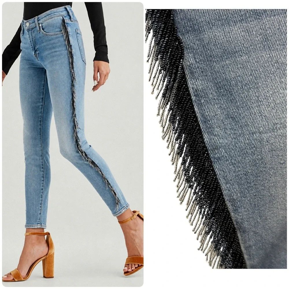 7 For All Mankind Luxe Vintage Ankle Skinny Jeans Beaded Fringe W28 Festival